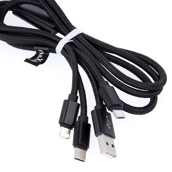 KABEL 3V1 LIGHTNING + MIKRO USB + TYPE C NYLON ČRN